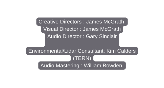 Creative Directors James McGrath Visual Director James McGrath Audio Director Gary Sinclair Environmental Lidar Consultant Kim Calders TERN Audio Mastering William Bowden
