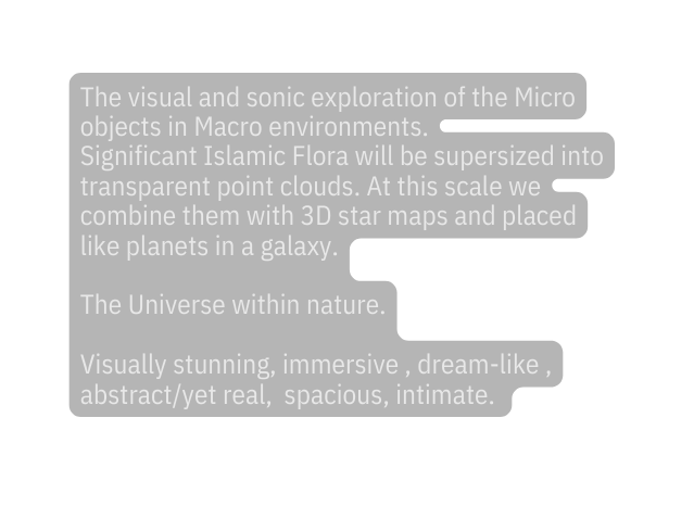 The visual and sonic exploration of the Micro objects in Macro environments Significant Islamic Flora will be supersized into transparent point clouds At this scale we combine them with 3D star maps and placed like planets in a galaxy The Universe within nature Visually stunning immersive dream like abstract yet real spacious intimate